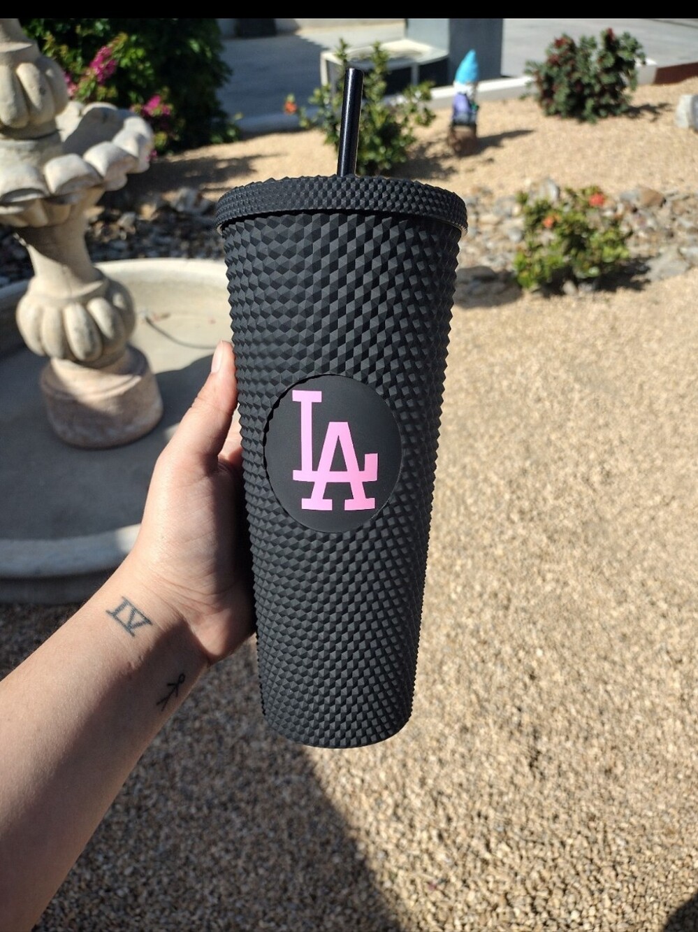 LA Logo Studded Tumbler - Black with Pink Logo